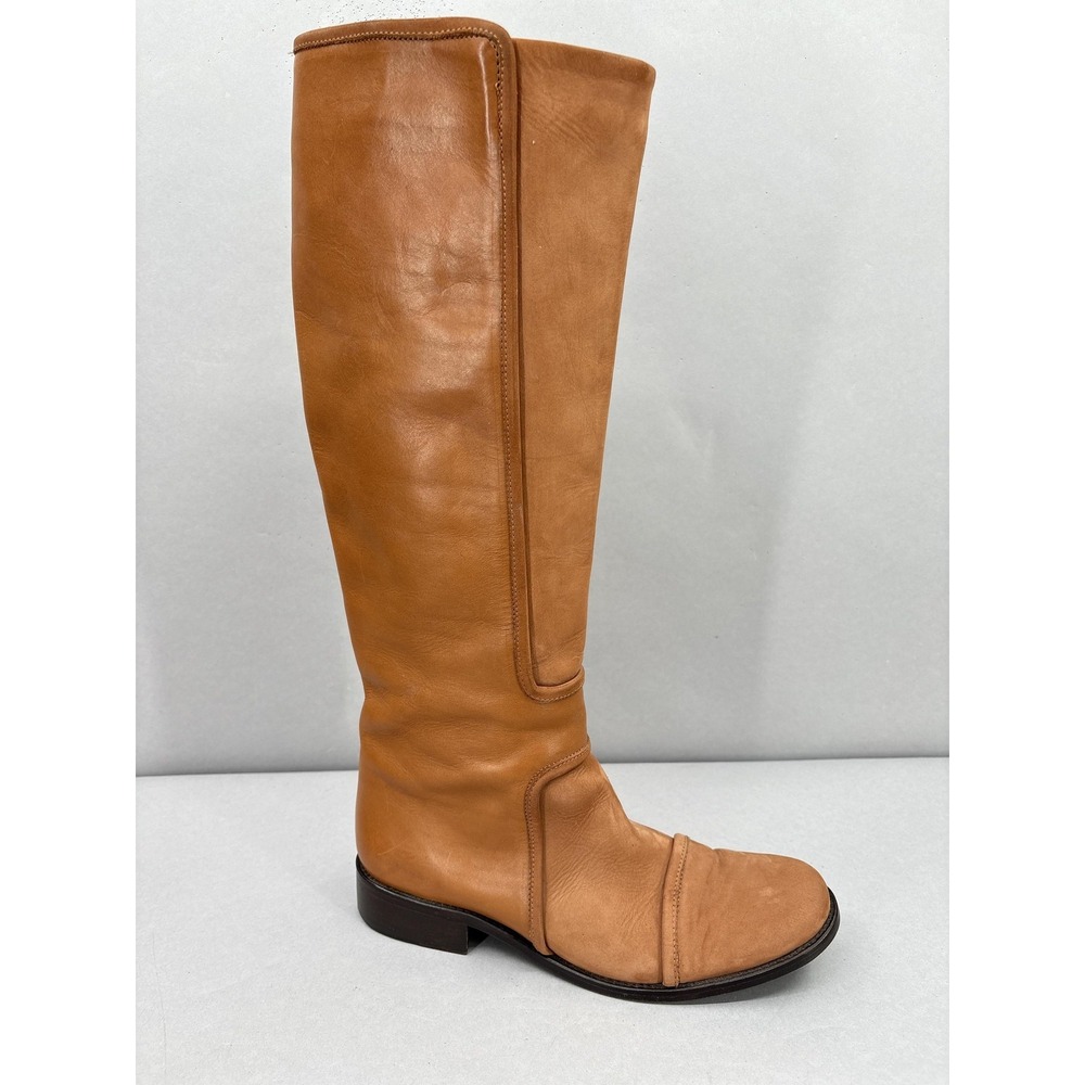 Dusica Sacks Italian Leather Boots Womens Size 8 Tan Knee High Riding Flat Camel